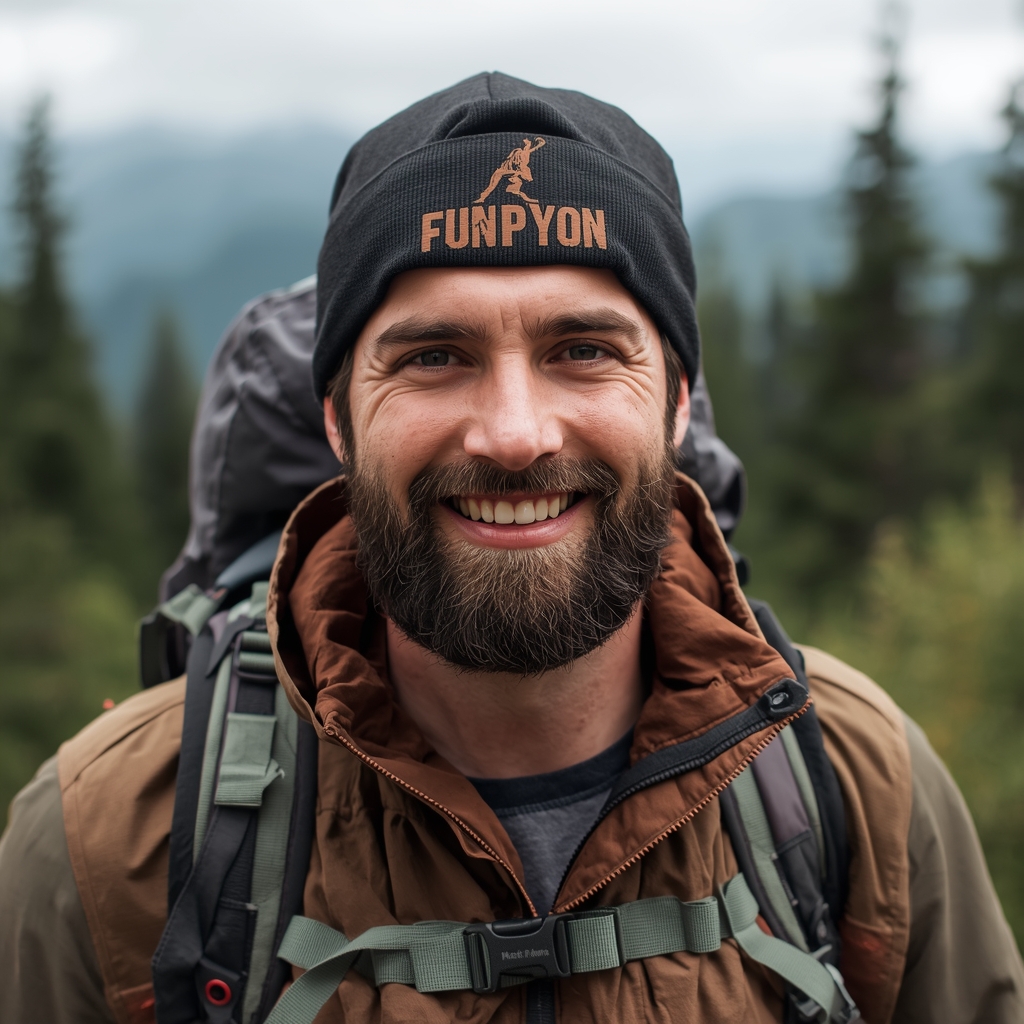 Portrait of a mature man with a beard, hiking gear, nature background, friendly expression, photorealistic